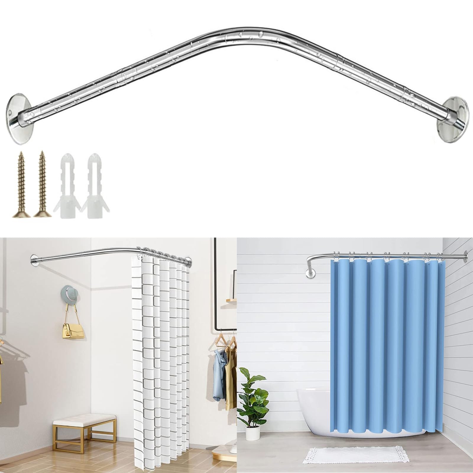 Barra Curva Para Cortina De Baño Ajustable Con Ganchos Plateado