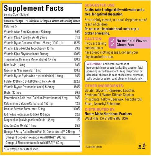 Nature Made Prenatal Multi + DHA 200 mg 150 Cápsulas Blandas 3