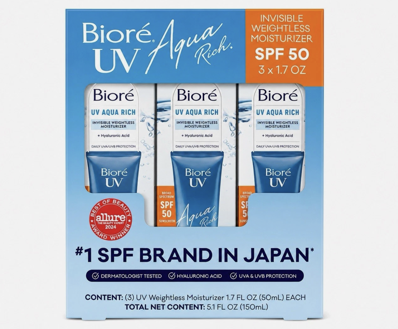 Bioré UV Aqua Rich Invisible Weightless Moisturizer SPF 50, 3 x 1.7 OZ biore uv aqua rich 2