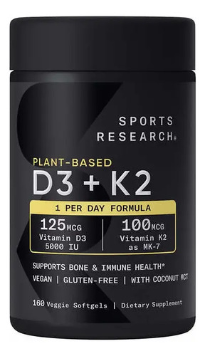 Vitamina D3 + K2 Sports Research 160 Veggie Softgels Sabor Sin Sabor