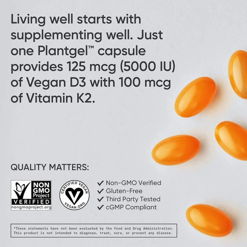 Vitamina D3 + K2 Sports Research 160 Veggie Softgels Sabor Sin Sabor 3