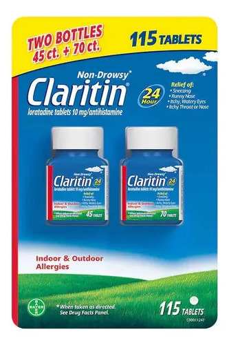 Claritin Loratadina 10 mg Antihistamínico, 2 botellas, 115 tabletas