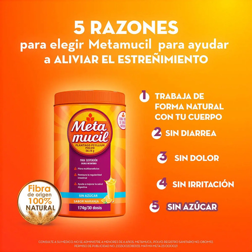 Metamucil Suplemento De Fibra Libre De Azúcar 260 Porciones Sabor Naranja 2