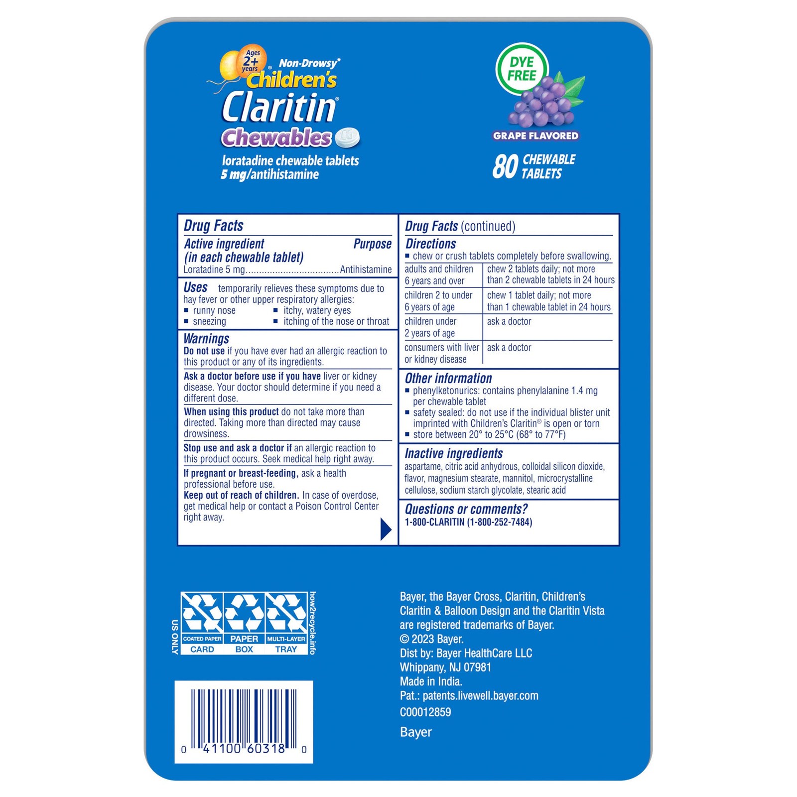 Children's Claritin Loratadina 5 Mg Masticable Sabor Uva, 2 Frascos De 40 Tabletas - Bayer Healthcare 4